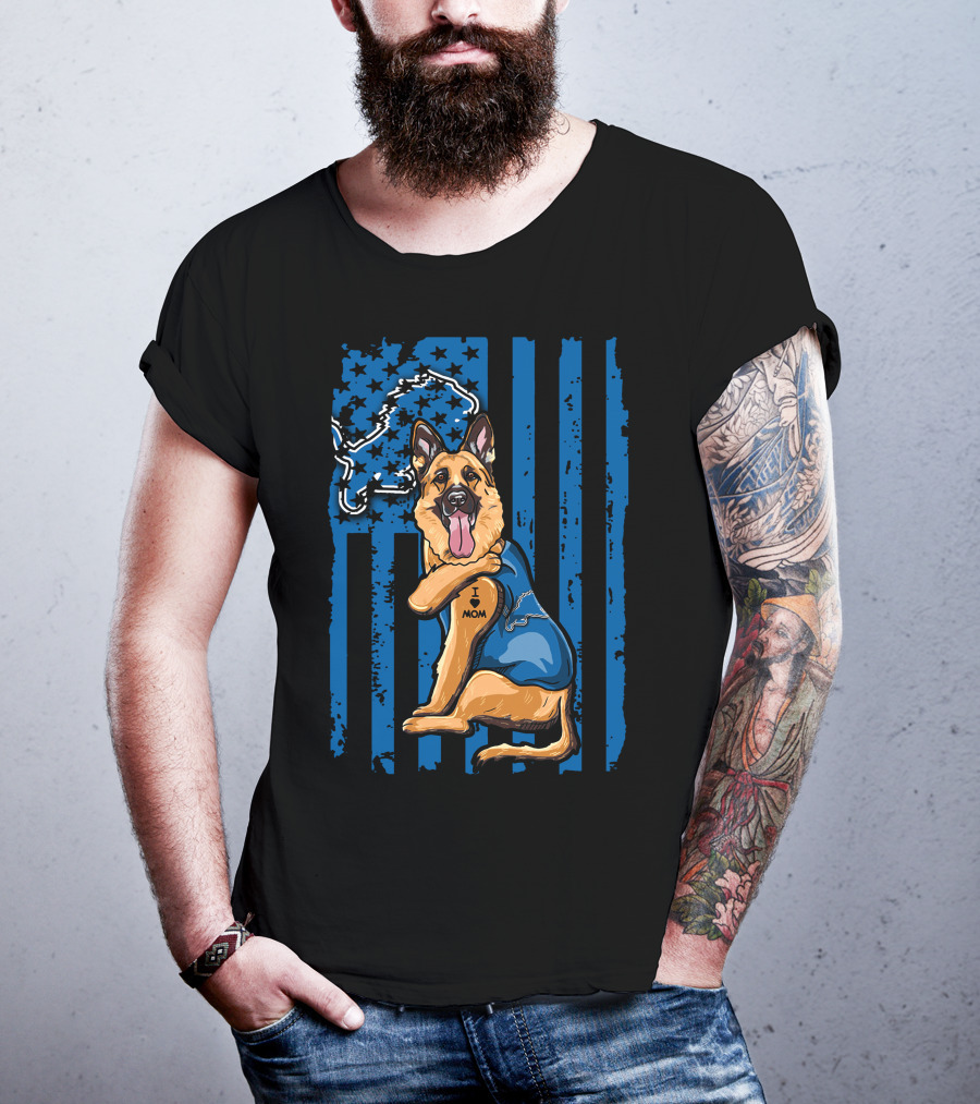 German Shepherd Wearing Detroit Lions Blue With Flag And Lion T-Shirt