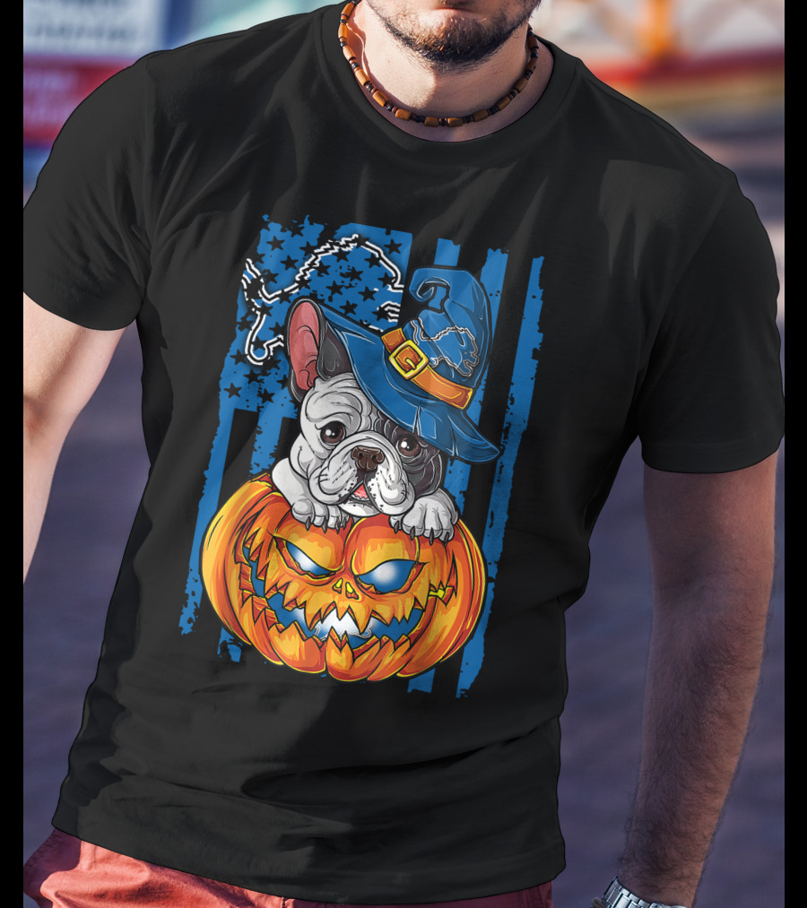 Hlw Bulldog Halloween Detroit Lions Pumpkin Wizard T-Shirt