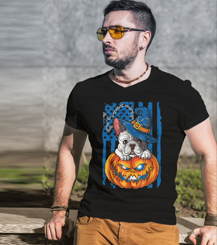 Hlw Bulldog Halloween Detroit Lions Pumpkin Wizard T-Shirt