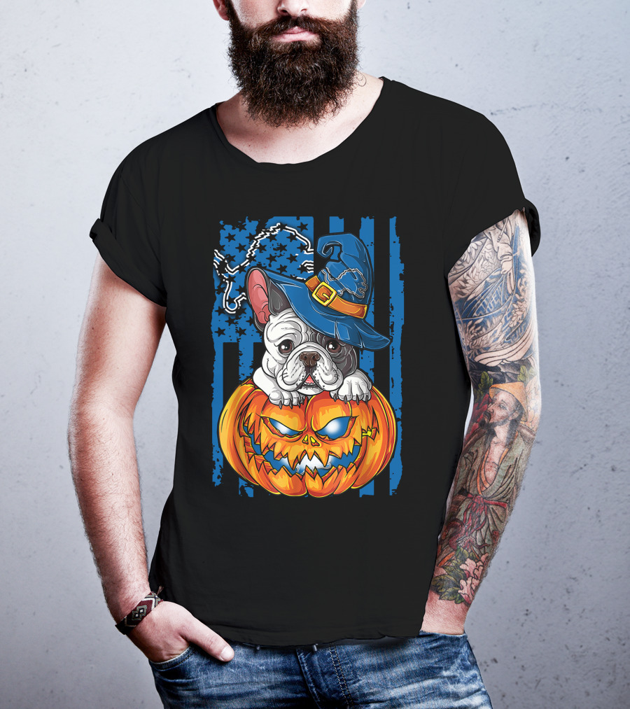 Hlw Bulldog Halloween Detroit Lions Pumpkin Wizard T-Shirt