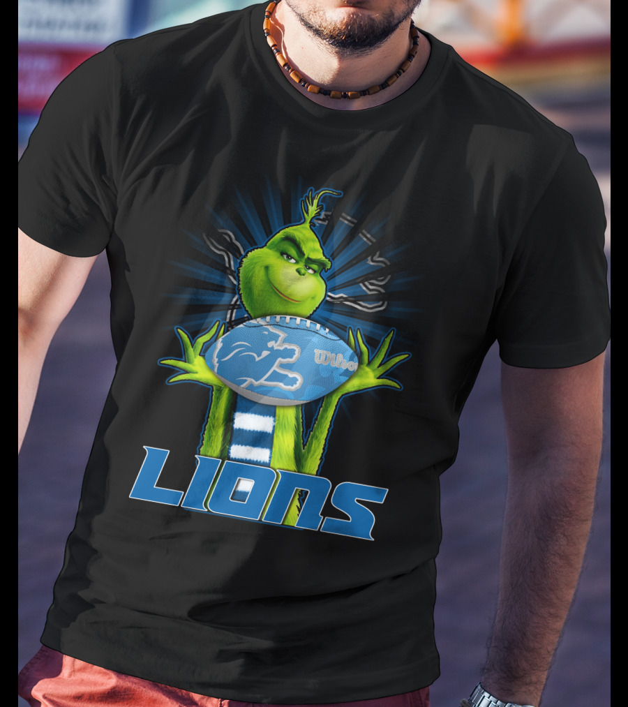 Grinch Holding Detroit Lions Wilson Football T-Shirt