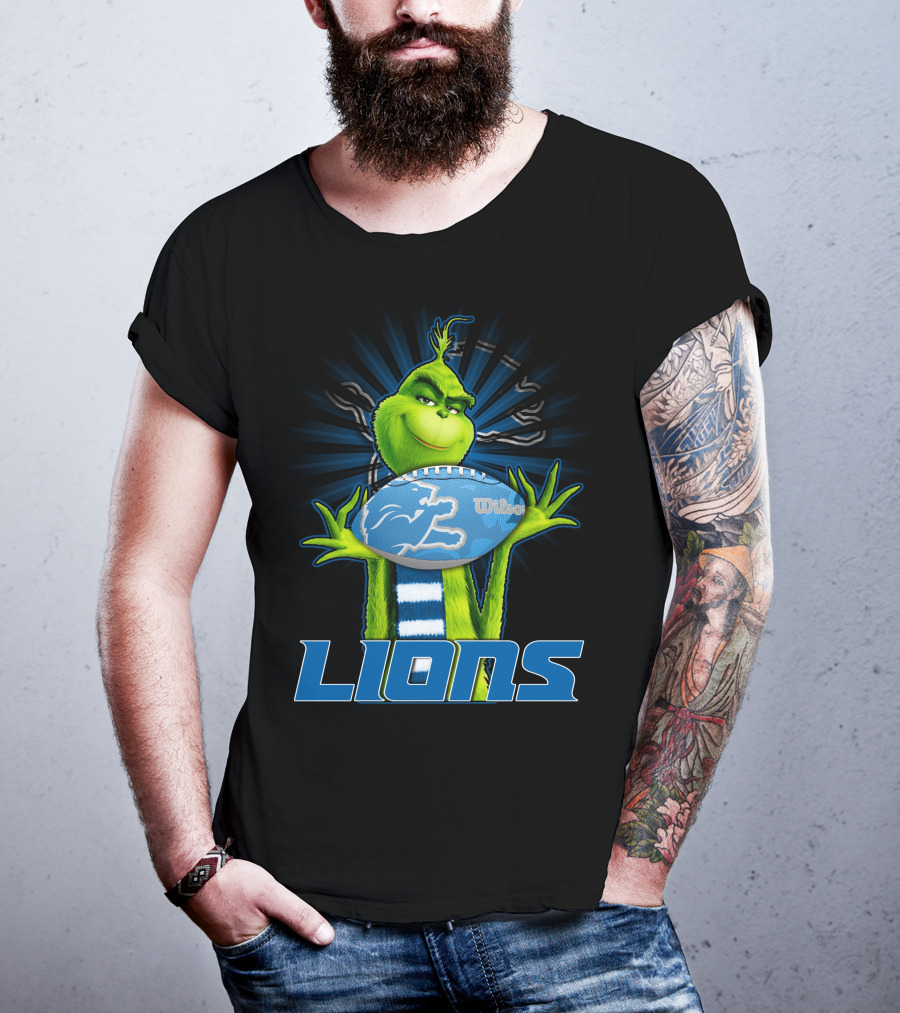 Grinch Holding Detroit Lions Wilson Football T-Shirt