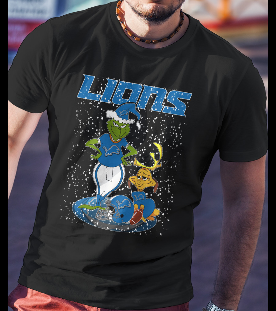 Grinchxmas Detroit Lions Snowy Holiday Characters With Blue Helmets T-Shirt