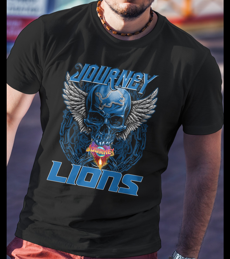 JOURNEY DETROIT LIONS Skull With Wings And Flames T-Shirt