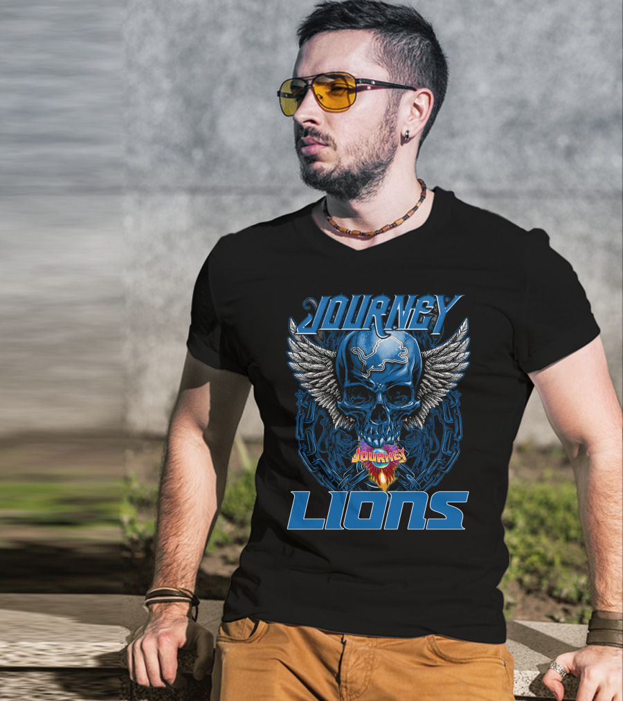 JOURNEY DETROIT LIONS Skull With Wings And Flames T-Shirt