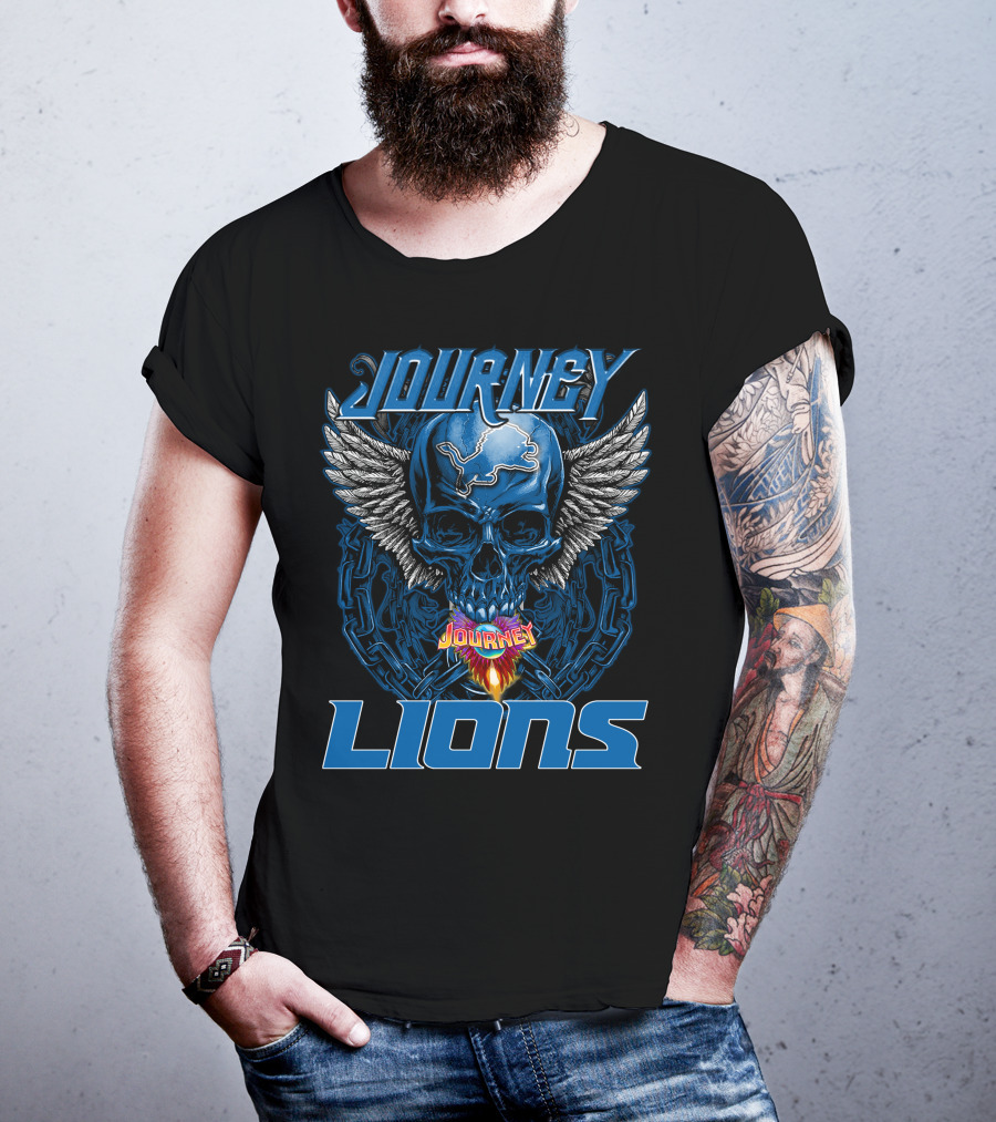 JOURNEY DETROIT LIONS Skull With Wings And Flames T-Shirt