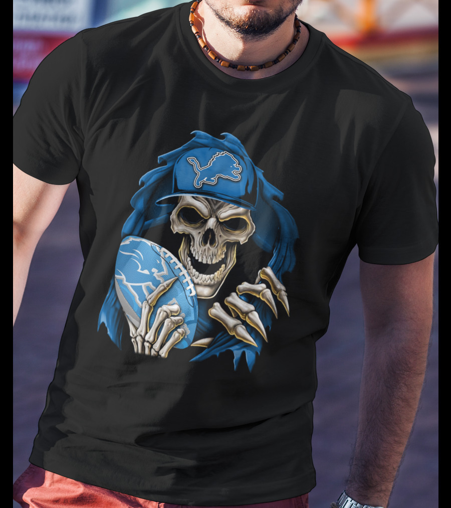 Skullbong Detroit Lions Skeleton With Football And Cap T-Shirt