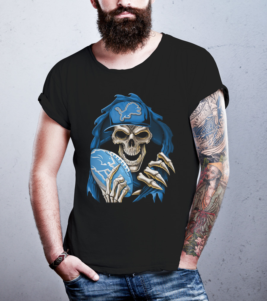 Skullbong Detroit Lions Skeleton With Football And Cap T-Shirt