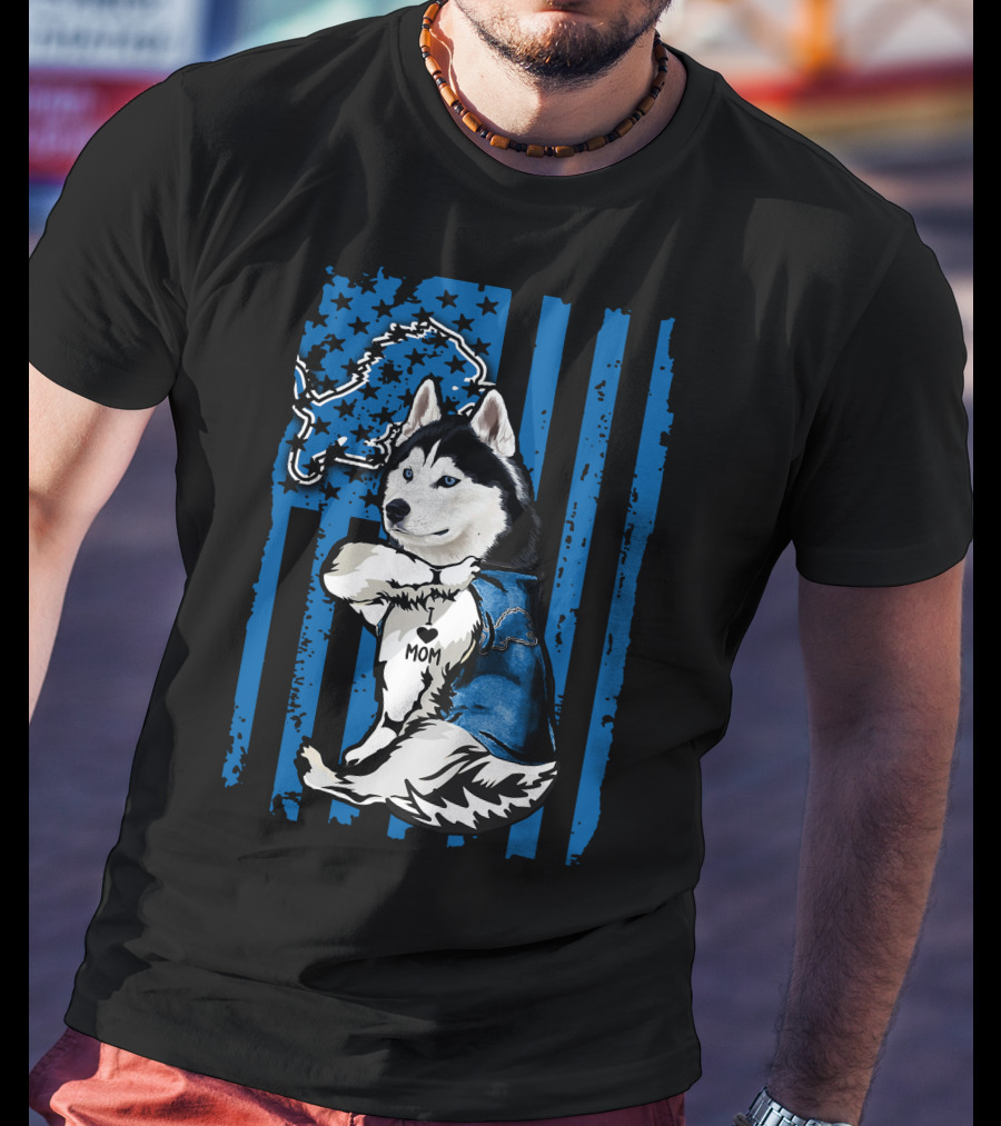 Siberian Husky Detroit Lions American Flag Mom T-Shirt