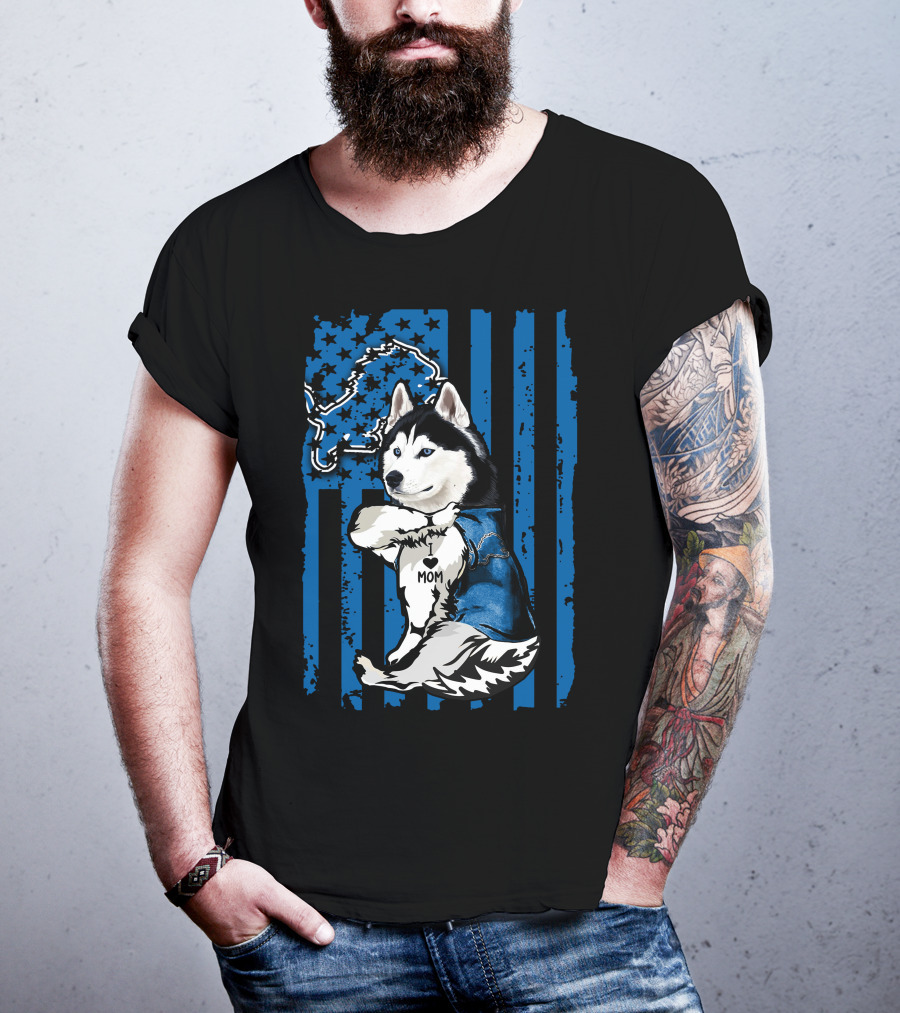 Siberian Husky Detroit Lions American Flag Mom T-Shirt