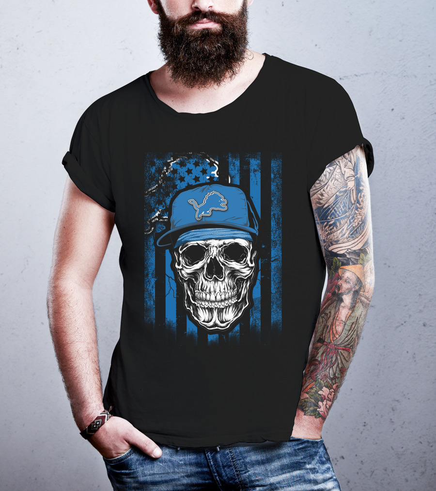 Skull Detroit Lions Blue Cap USA Flag Background T-Shirt