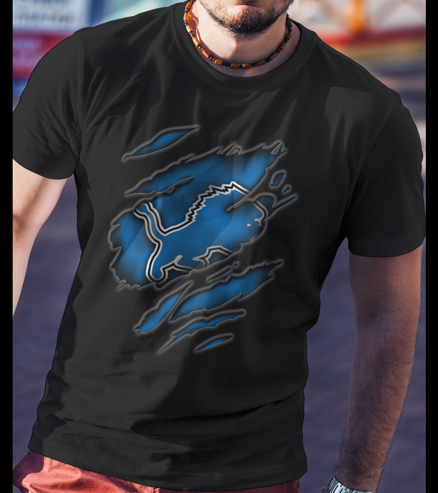 Torn Detroit Lions Blue And Black Rips T-Shirt