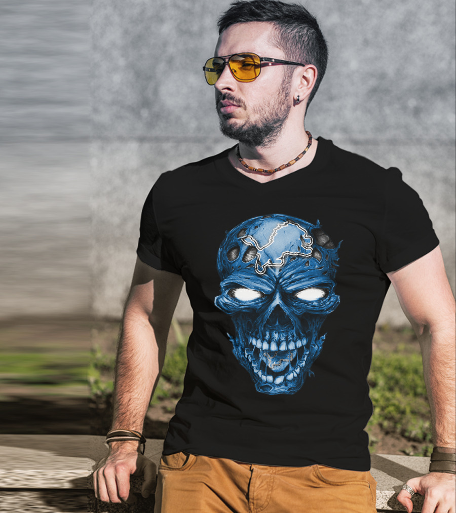 Skull Detroit Lions Blue Dark T-Shirt