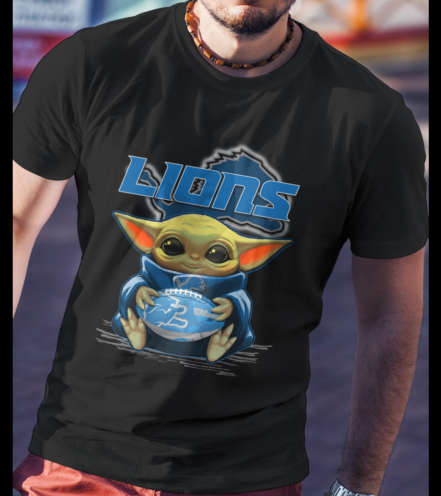 Lions Baby Yoda Holding Detroit Football Wilson T-Shirt