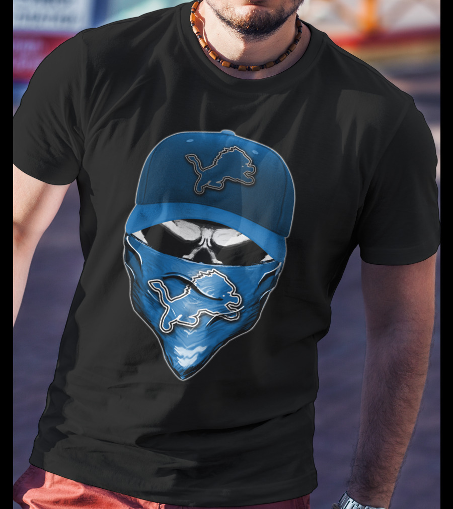Skull Detroit Lions Hat And Mask T-Shirt