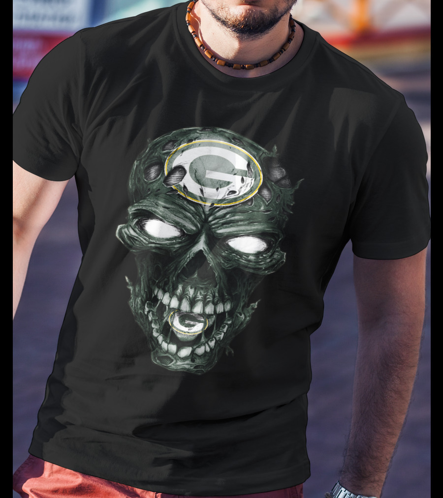 Green Bay Packers Skull Face With Team Logo Eyes T-Shirt