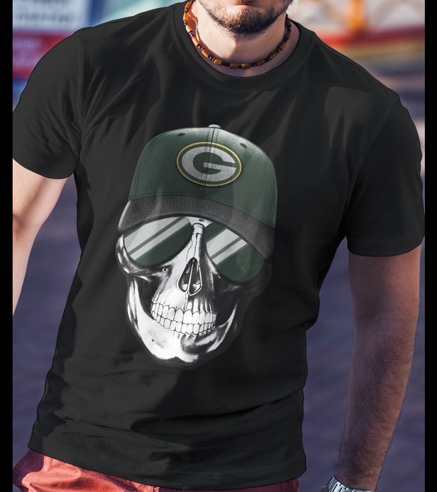 Skull Wearing Green Bay Packers Cap With Sunglasses T-Shirt