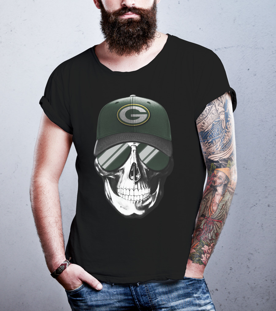 Skull Wearing Green Bay Packers Cap With Sunglasses T-Shirt