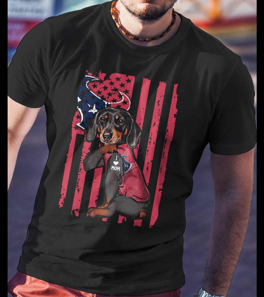 Dachshund I Love Mom Houston Texans Usa Flag Football T-Shirt