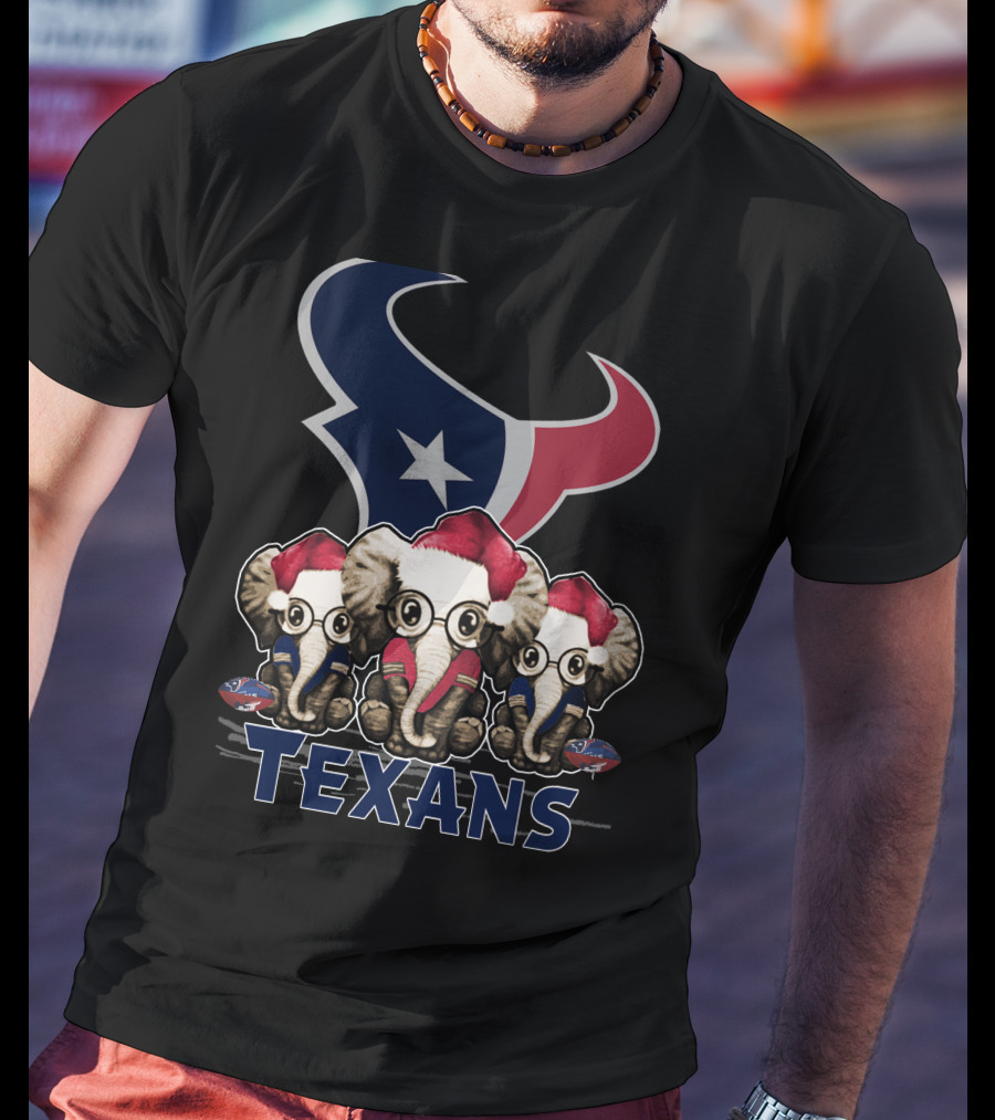 Houston Texans Elephant Xmas With Santa Hats And Glasses T-Shirt