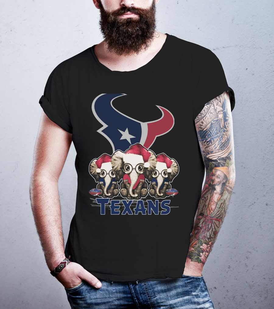 Houston Texans Elephant Xmas With Santa Hats And Glasses T-Shirt