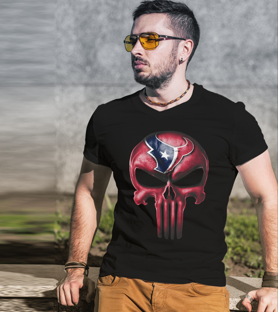 Skull Houston Texans Logo Red And Blue Fusion T-Shirt