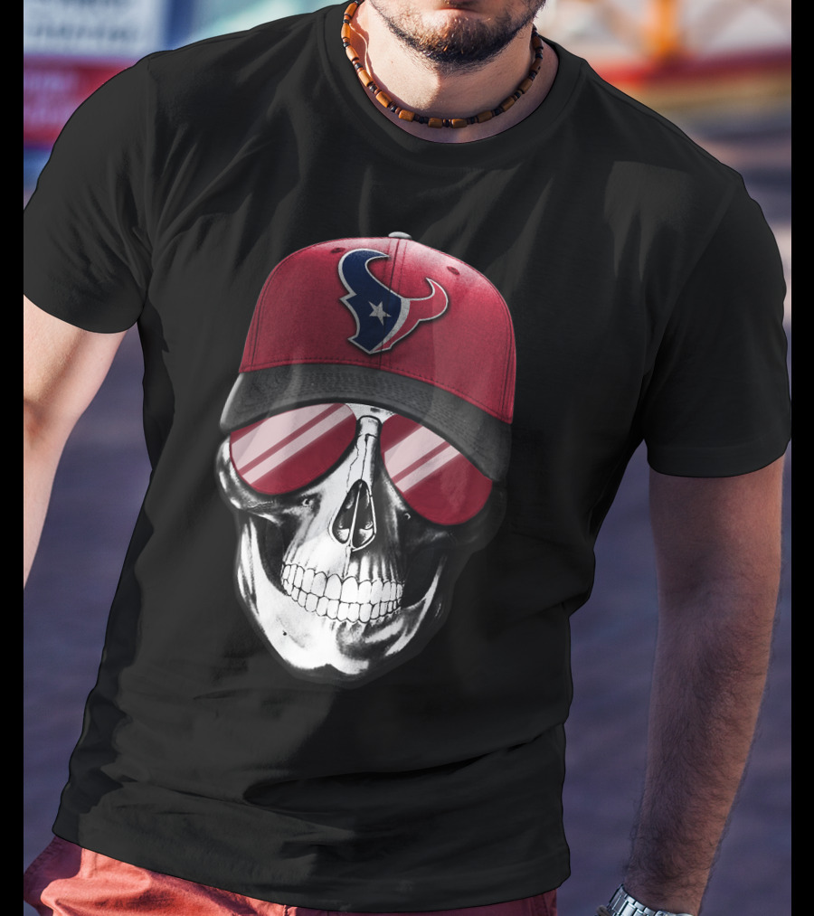 Skull With Red Cap Featuring Houston Texans Logo And Reflective Sunglasses T-Shirt