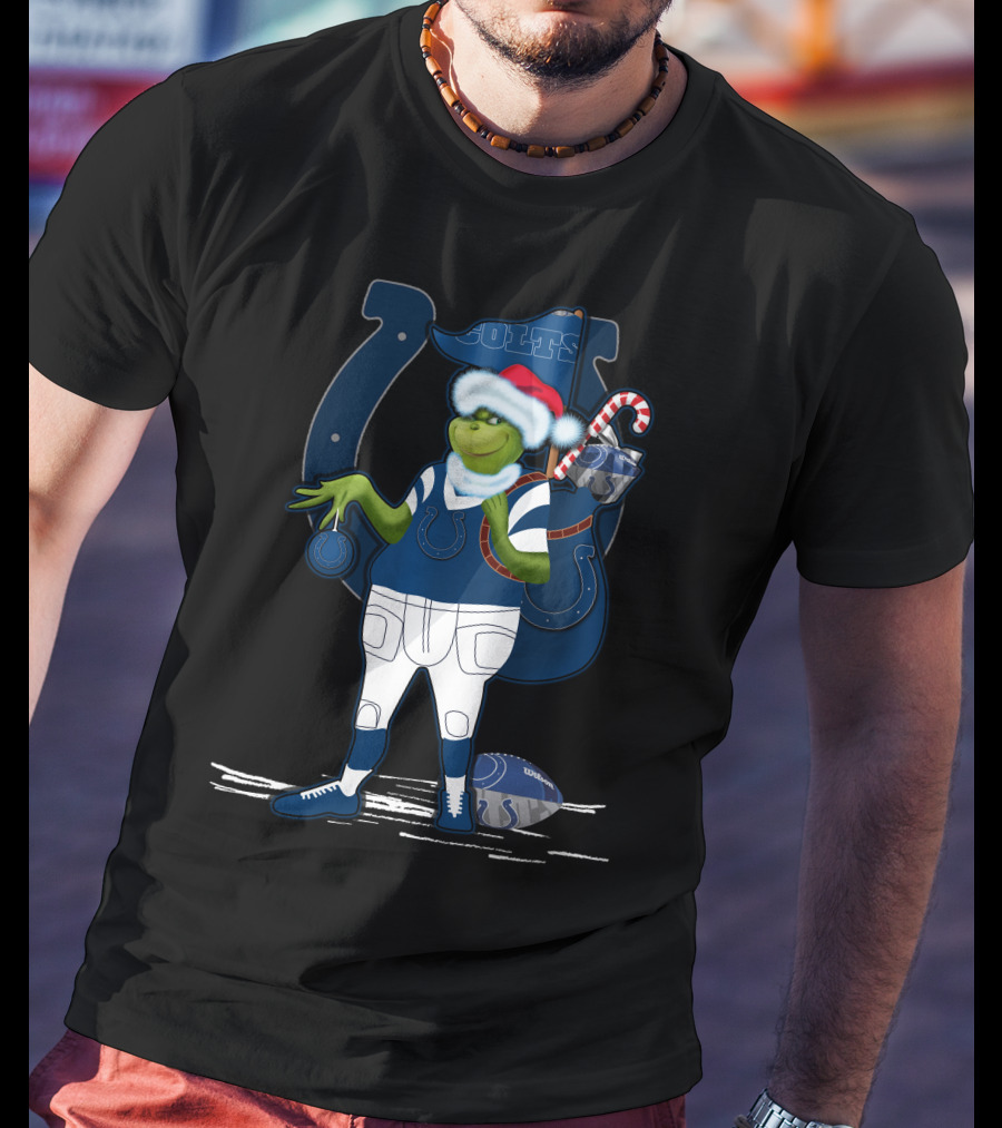 Grinchxmas Indianapolis Colts Santa Hat Candy Cane Football T-Shirt