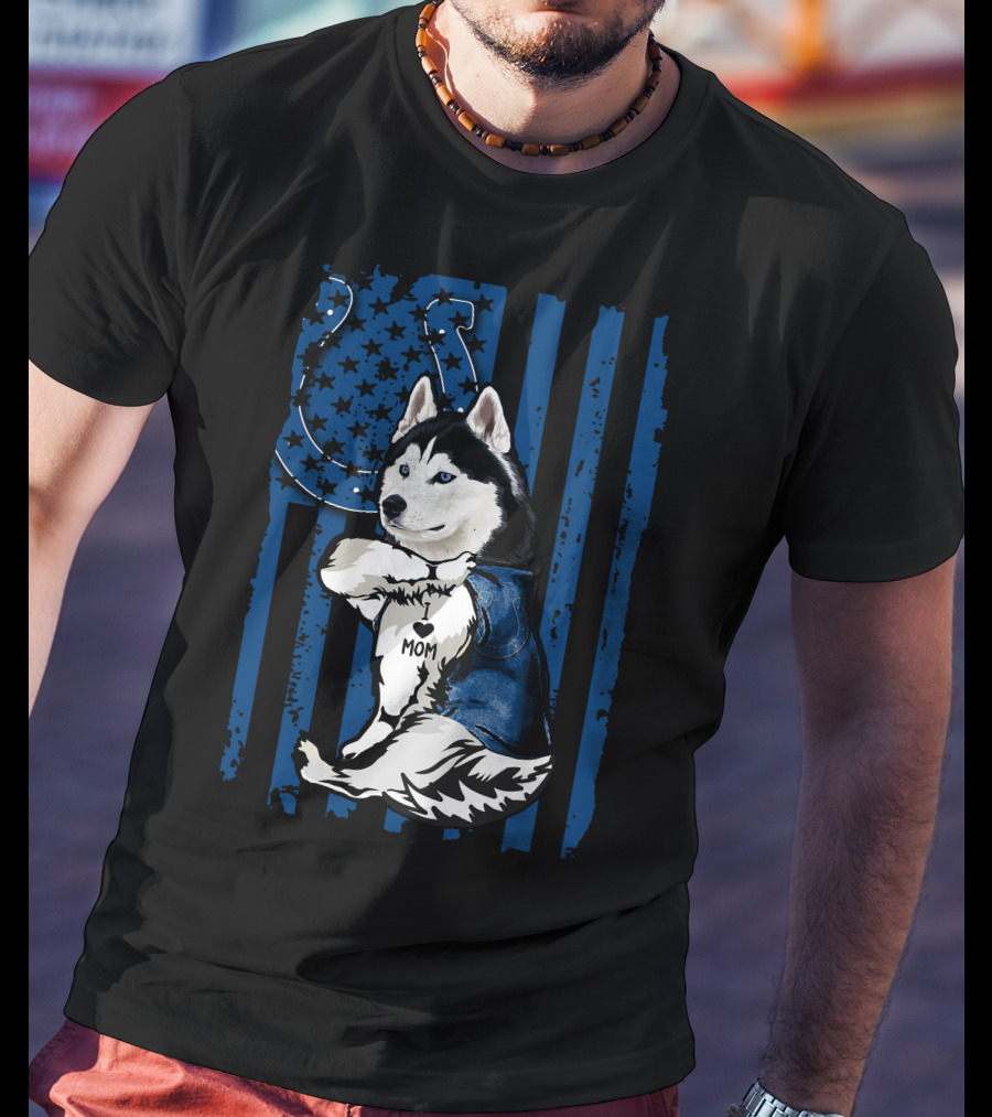 Siberian Husky Mom Colts American Flag T-Shirt