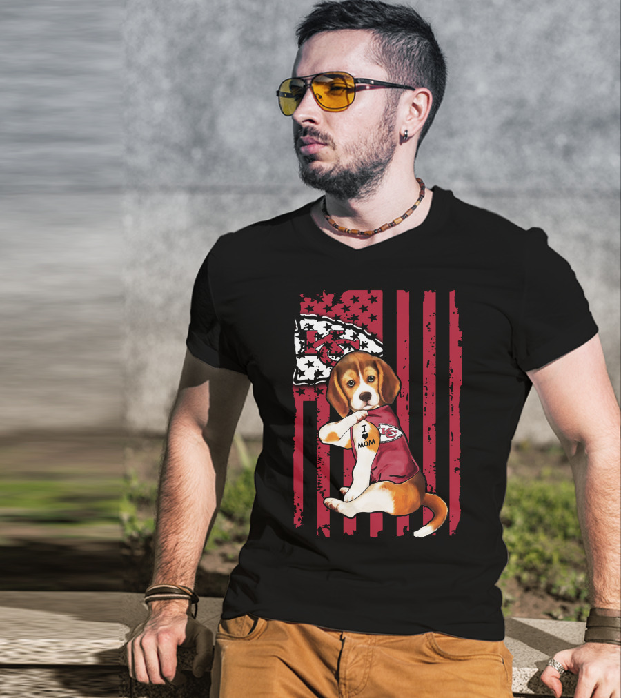 Beagle I Love Mom Kansas City Chiefs USA Flag T-Shirt