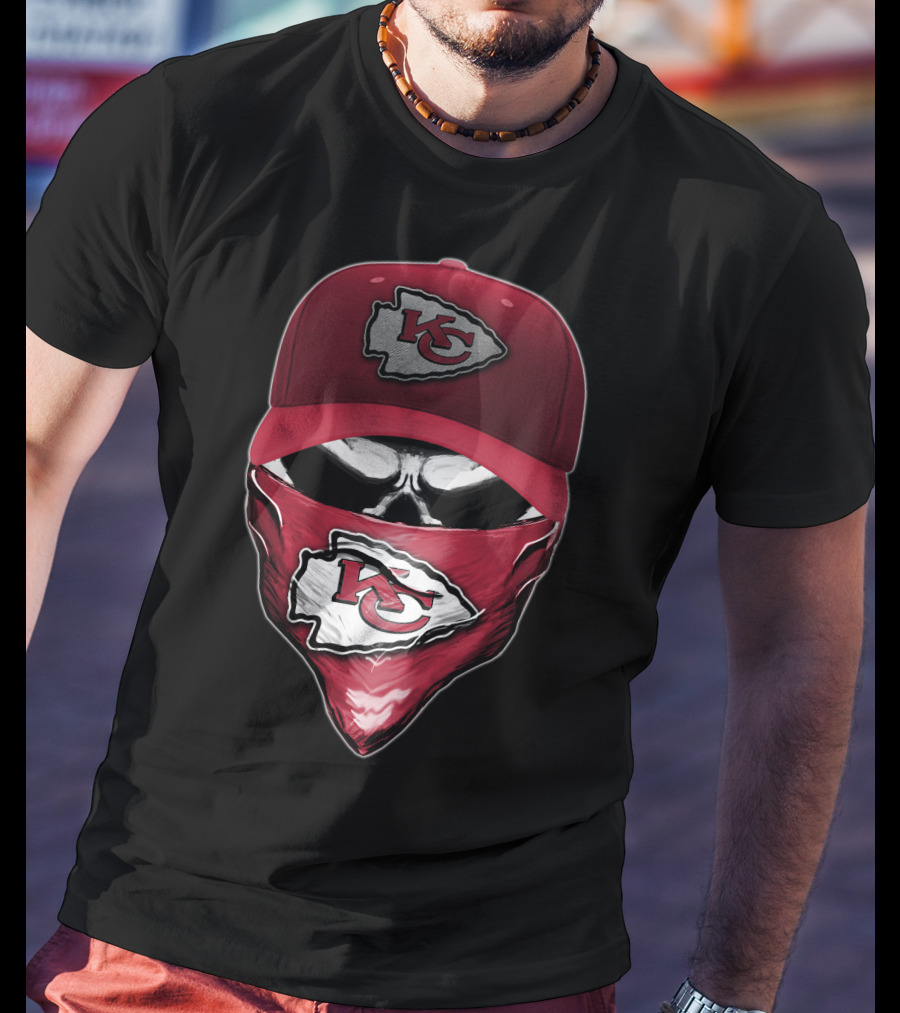 Skull With Kansas City Chiefs Cap And Bandana T-Shirt