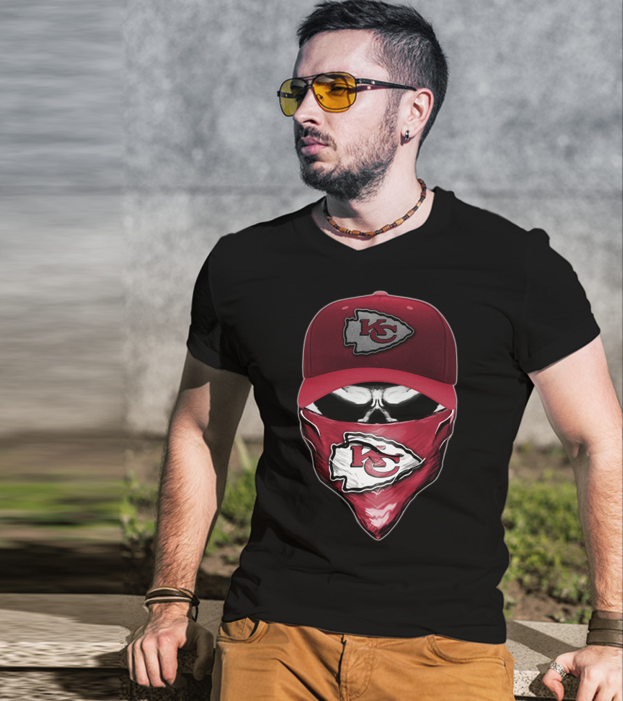 Skull With Kansas City Chiefs Cap And Bandana T-Shirt
