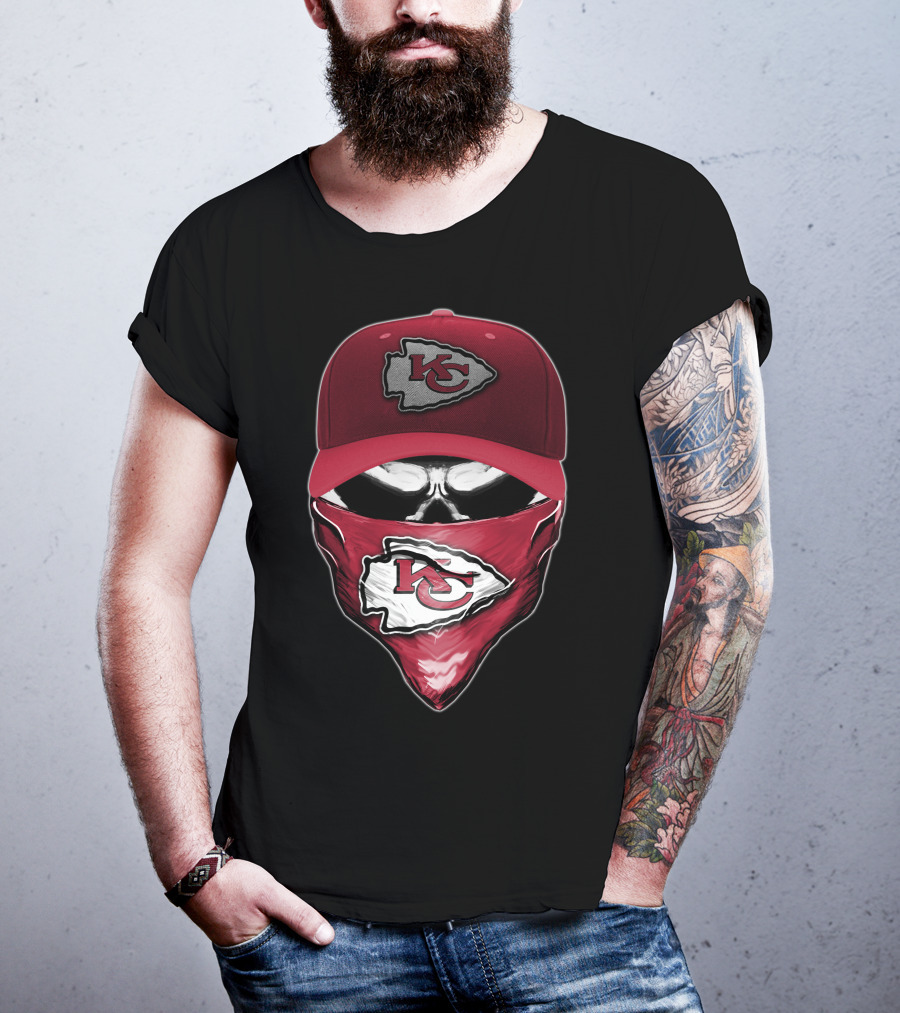 Skull With Kansas City Chiefs Cap And Bandana T-Shirt