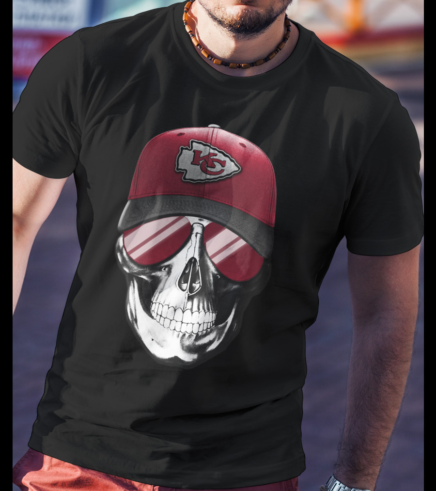 Skull With Kansas City Chiefs Hat And Sunglasses T-Shirt