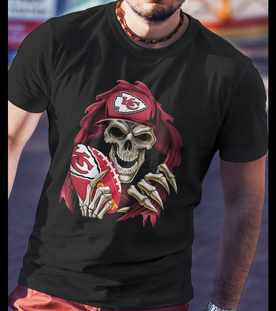 Skullbong Kansas City Chiefs Skeleton Holding Football With KC T-Shirt