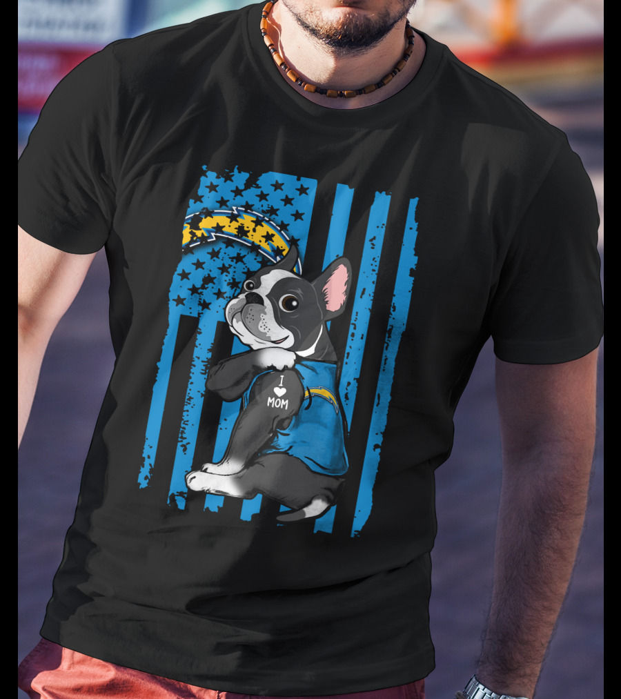 Boston Terrier I Love Mom Los Angeles Chargers Fan T-Shirt
