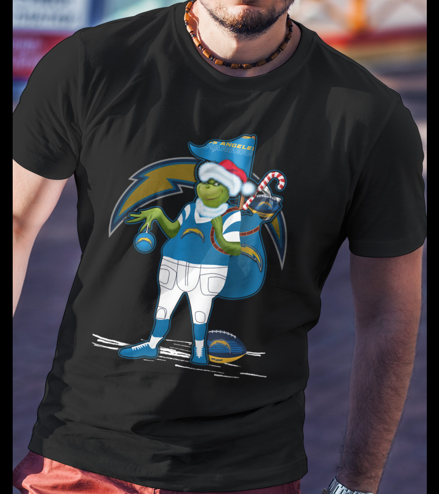 Grinchxmas Los Angeles Chargers Santa Hat Football Character T-Shirt