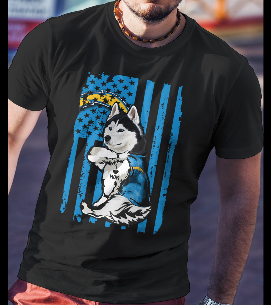 Siberian Husky I Love Mom Los Angeles Chargers Blue Stars T-Shirt