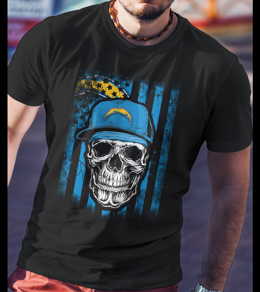 Skull With Los Angeles Chargers Lightning Bolt Hat On T-Shirt