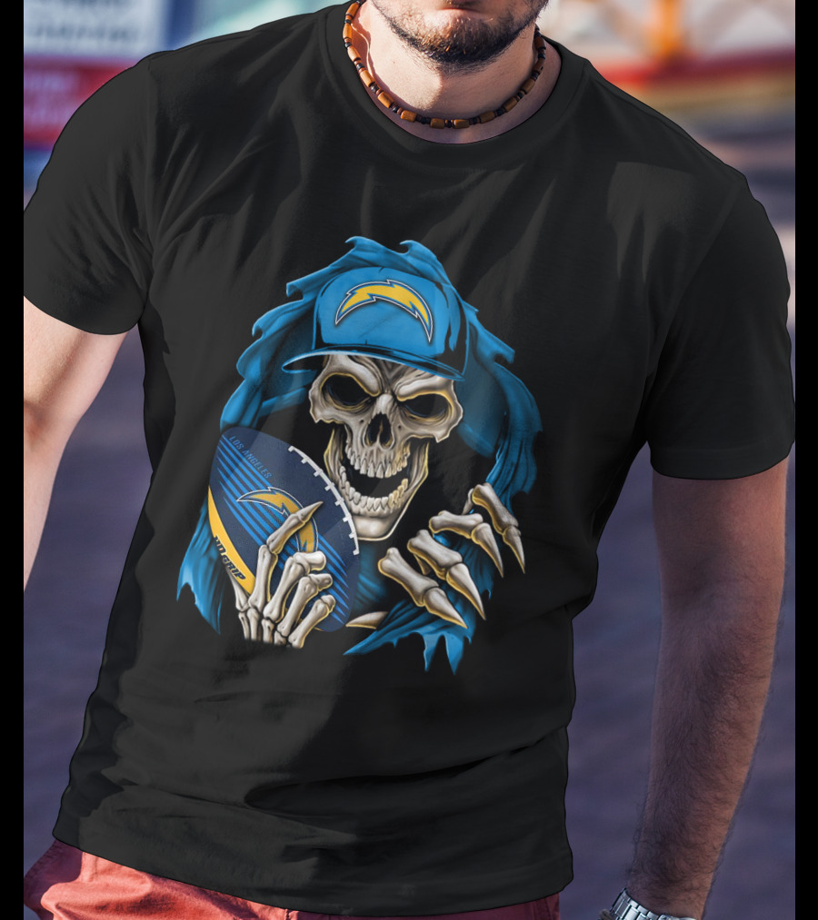 Skullbong Los Angeles Chargers Skeleton Holding Football With Blue Hood And Cap T-Shirt
