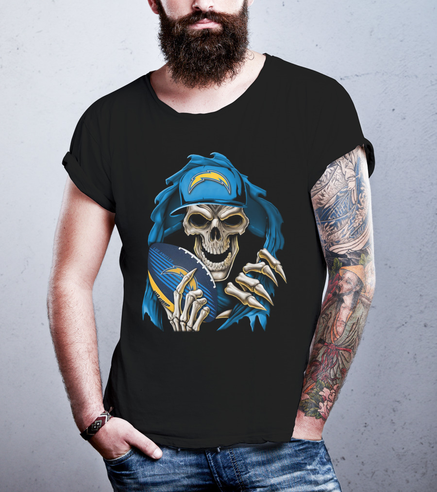 Skullbong Los Angeles Chargers Skeleton Holding Football With Blue Hood And Cap T-Shirt