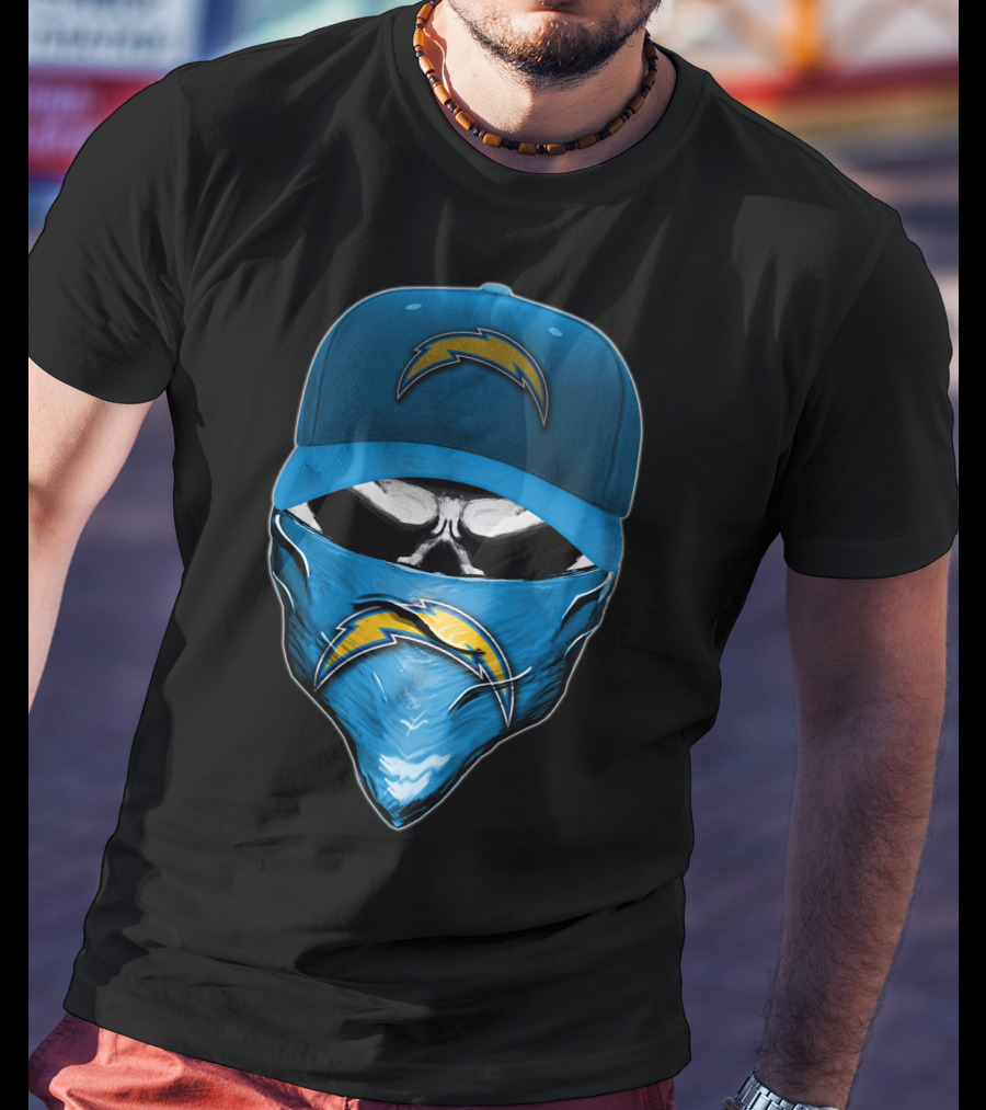Skull Wearing Los Angeles Chargers Cap And Bandana T-Shirt