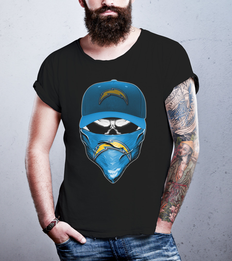 Skull Wearing Los Angeles Chargers Cap And Bandana T-Shirt