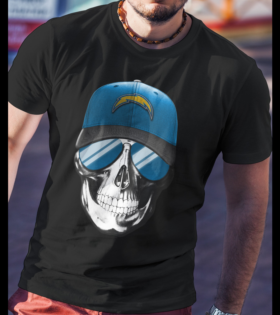 Skull Wearing Los Angeles Chargers Cap With Blue Sunglasses T-Shirt