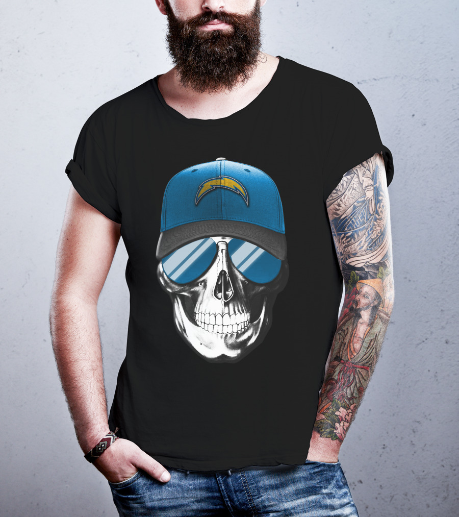 Skull Wearing Los Angeles Chargers Cap With Blue Sunglasses T-Shirt