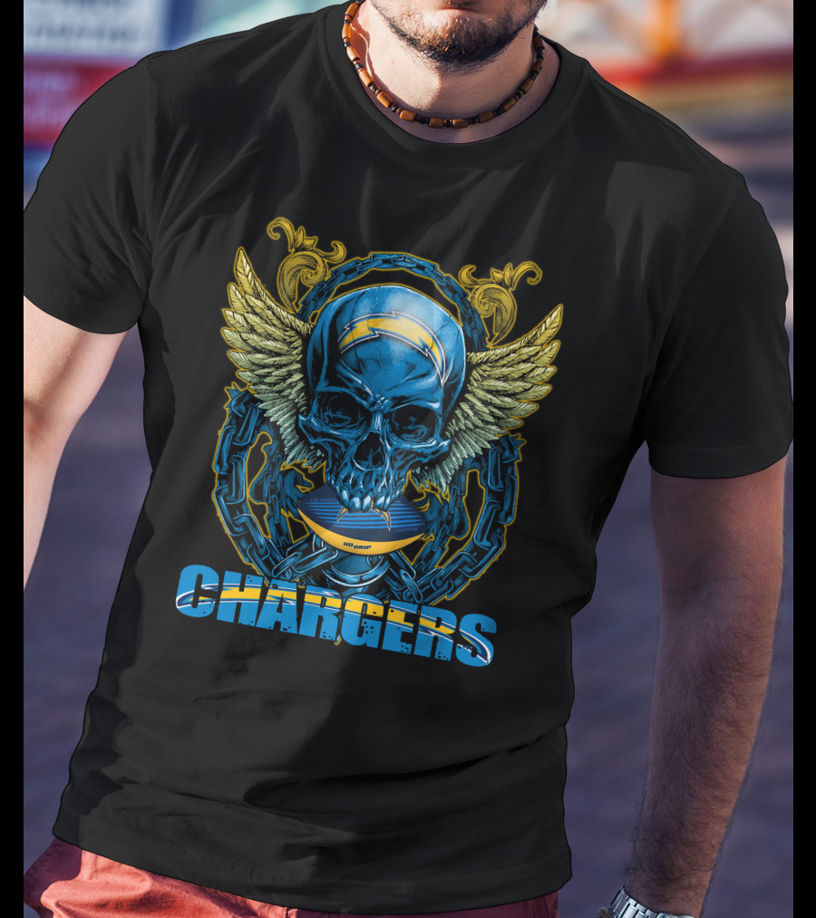 Skullfb Chargers Los Angeles Winged Skull Football Helmet And Chains T-Shirt