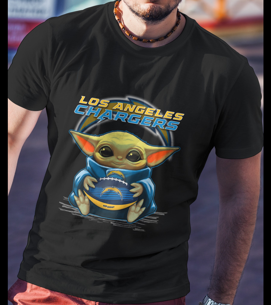 Los Angeles Chargers Baby Yoda Holding Football T-Shirt