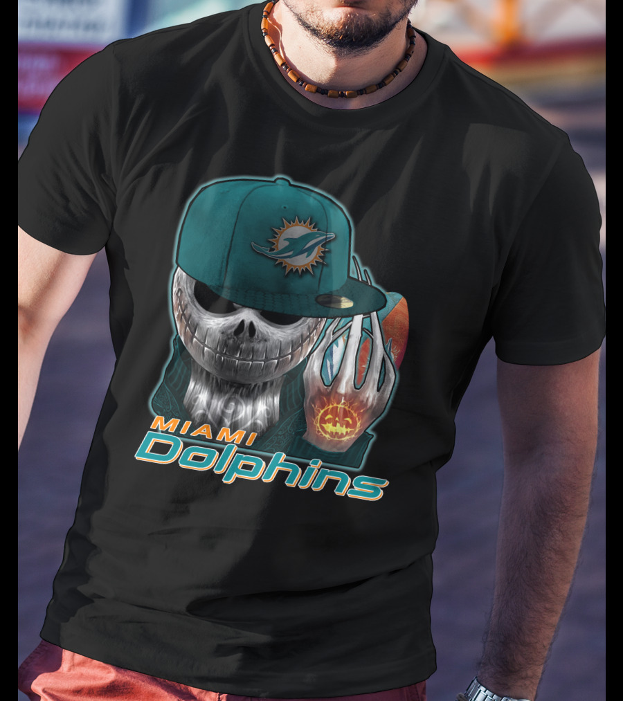 Miami Dolphins Skull With Jack-O'-Lantern Glove T-Shirt