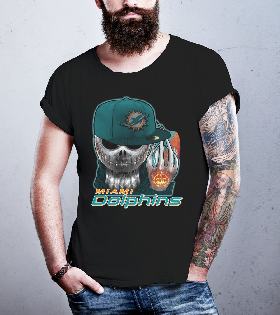 Miami Dolphins Skull With Jack-O'-Lantern Glove T-Shirt