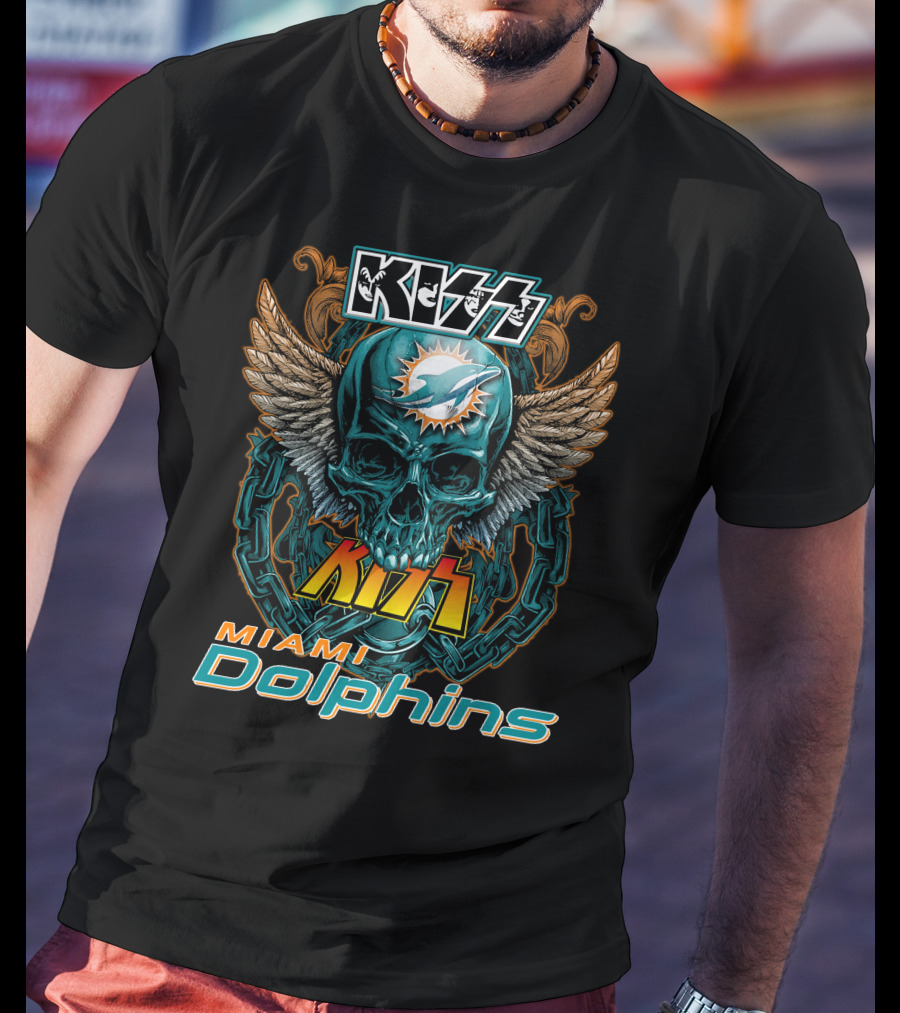 Kiss Miami Dolphins Skull Wings Logo Fusion T-Shirt